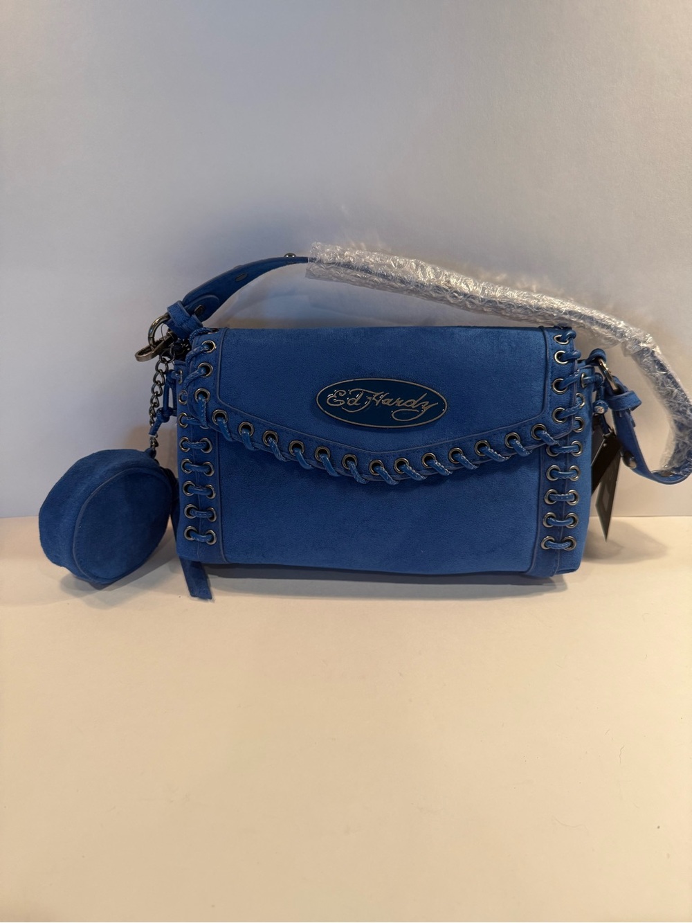 NEW Ed Hardy Blue Vegan Suede Shoulder Bag